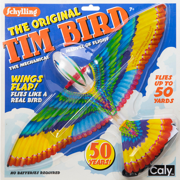 close up of bird in packaging says "wings flap! Flies like a real bird. Flies up to 50 yards, 50 years!, no batteries required