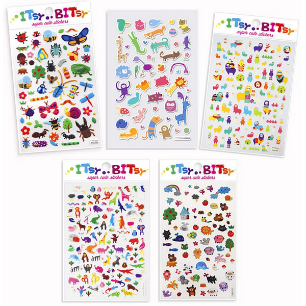 5 sticker sheets with tiny stickers on them