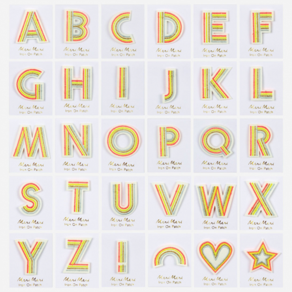 rainbow striped iron on letters A-Z including !, rainbow, heart and star