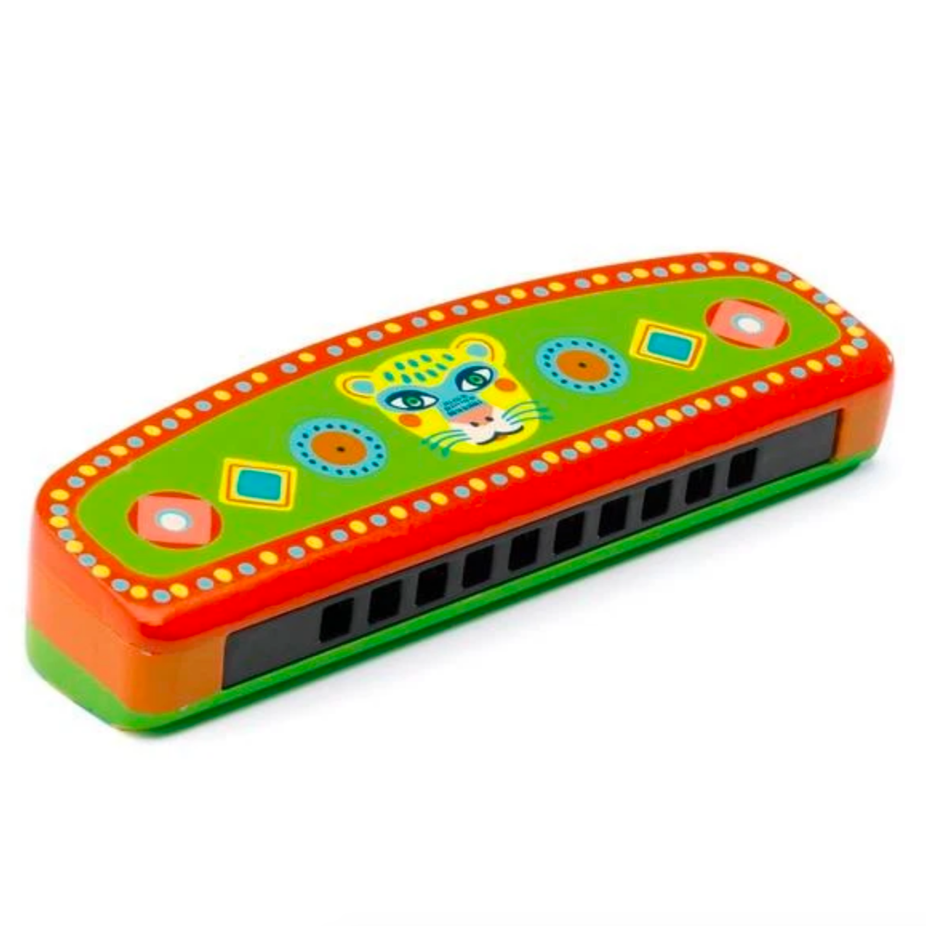 green harmonica with tiger face and colorful designs