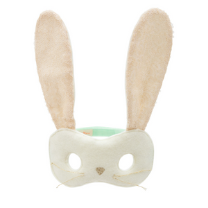 bunny mask with sequin pink ears and gold nose and whiskers