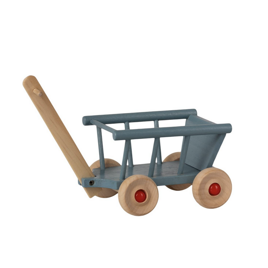 blue wagon with brown wheels and handle