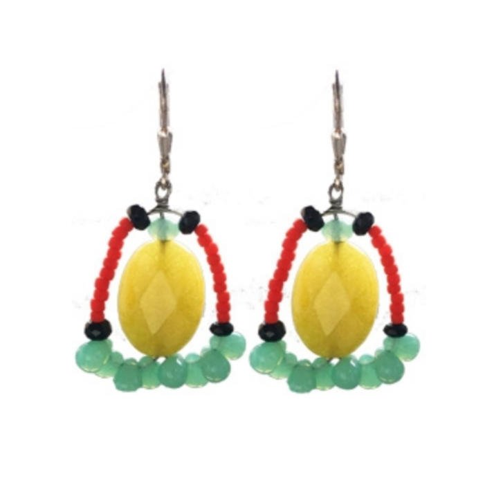Jade with Turquoise and Bright Coral Glass Earrings