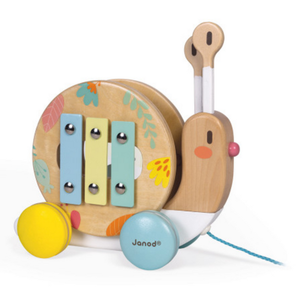 wooden snail pull toy featuring a small xylophone