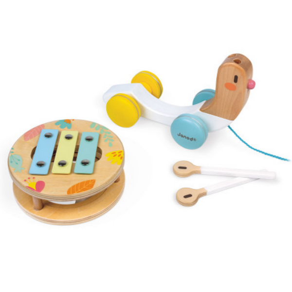wooden snail pull toy featuring a tambourine and a small xylophone taken off body with antenaes as the sticks