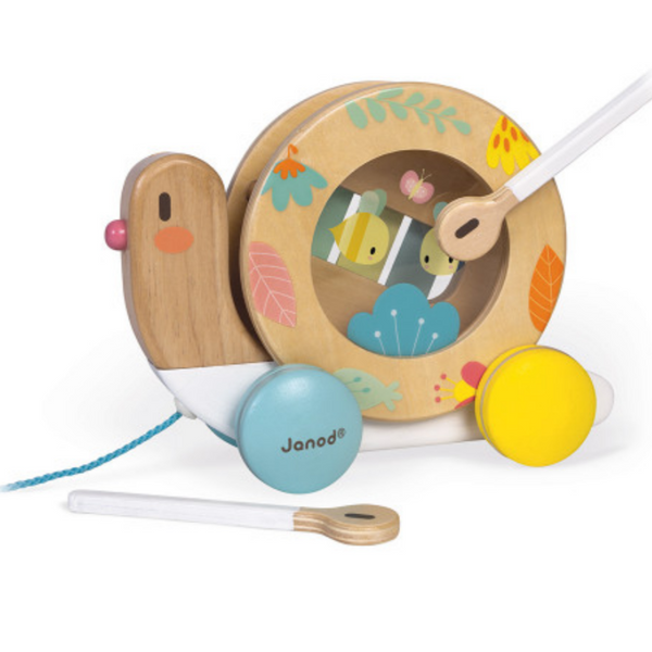wooden snail pull toy featuring a tambourine and a small xylophone with sticks