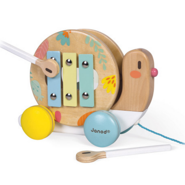 wooden snail pull toy featuring a small xylophone and stick playing it