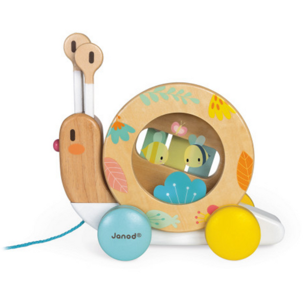 wooden snail pull toy featuring a tambourine and a small xylophone