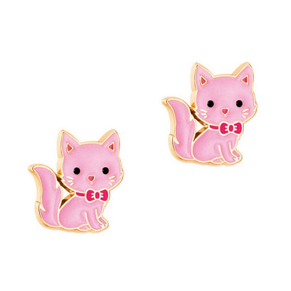 pink cat wearing a red bow earrings