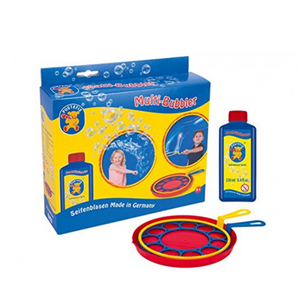 package with kids blowing bubbles next to bubble solution container and bubble blowing kit