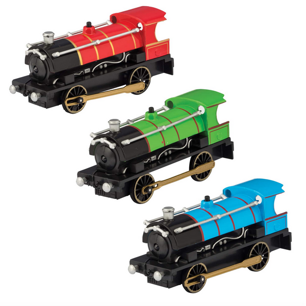 red, green and blue toy trains