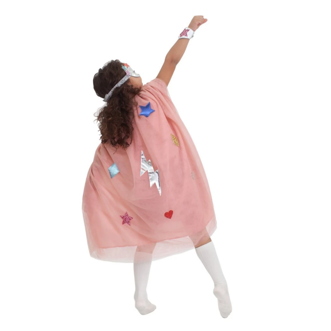 girl wearing mask cape and wrist bands for super hero outfit