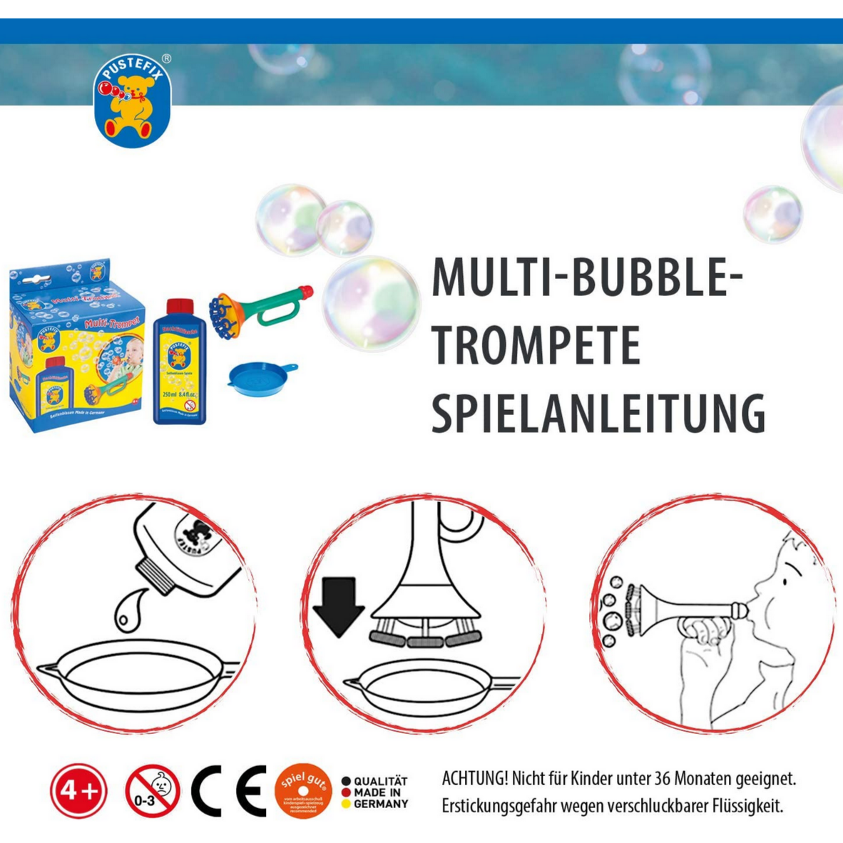instructions to pour bubbles into dish, dip trumpet and then blow bubbles