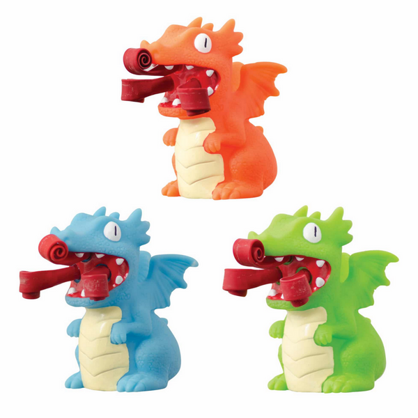 orange, blue and green dragons with curled up fire in mouths