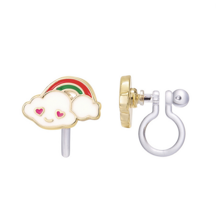 rainbow clip on earings with a cloud with face