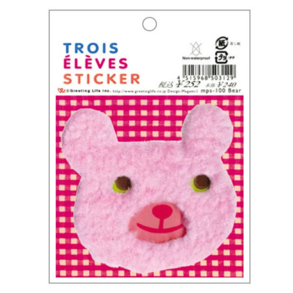 pink fuzzy bear sticker in packaging