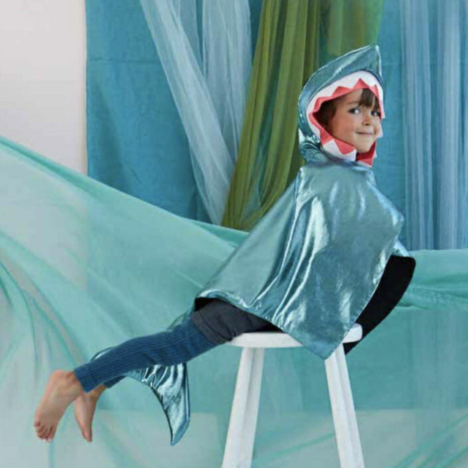 child posing in shark costume