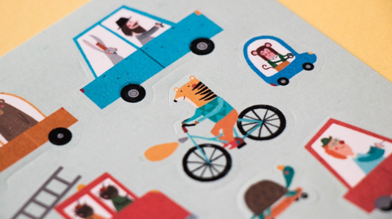 stickers of animals riding on bikes and skateboards