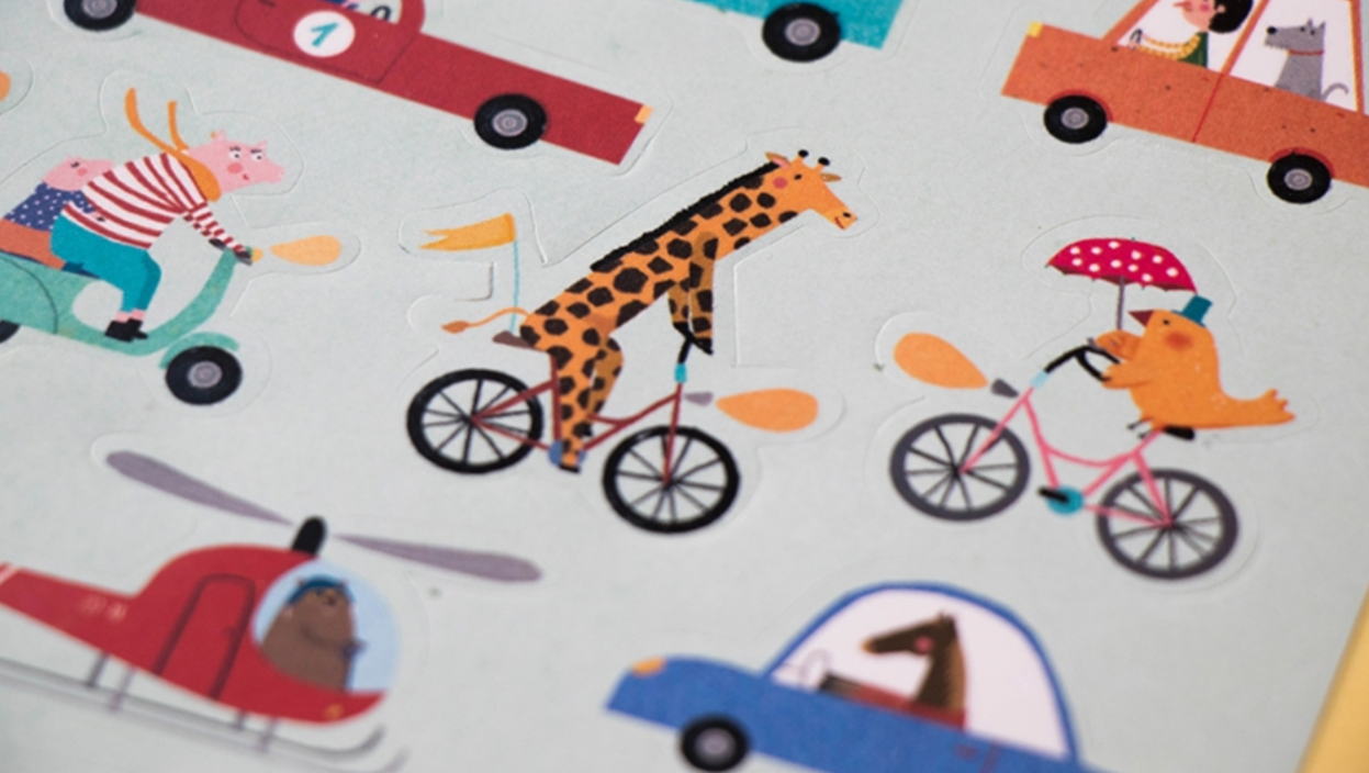 giraffe and bird stickers riding bikes