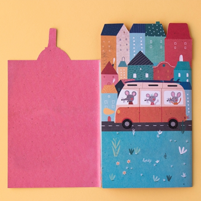 inside of sticker book featuring mice riding in van with city in background