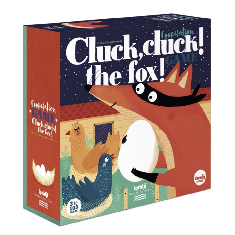 A board game box featuring an illustration of a fox with a chicken and an egg, titled 'Cluck, Cluck the Fox!'