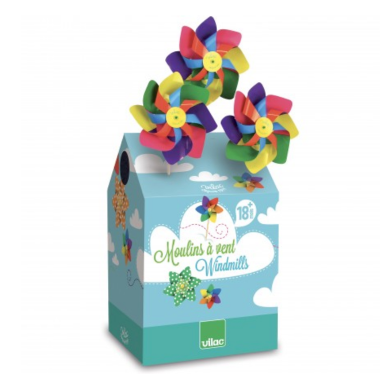 three colorful pinwheels in a blue box