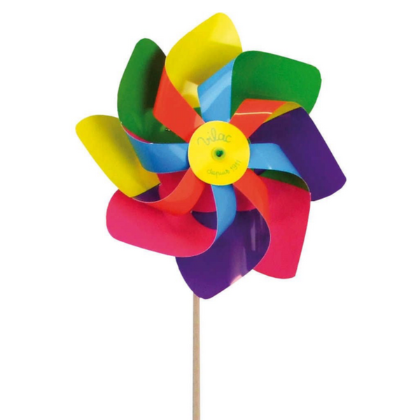 closeup of pinwheel that has colorful fans on wooden stick