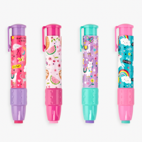 four plastic eraser pens featuring pink and purple icons
