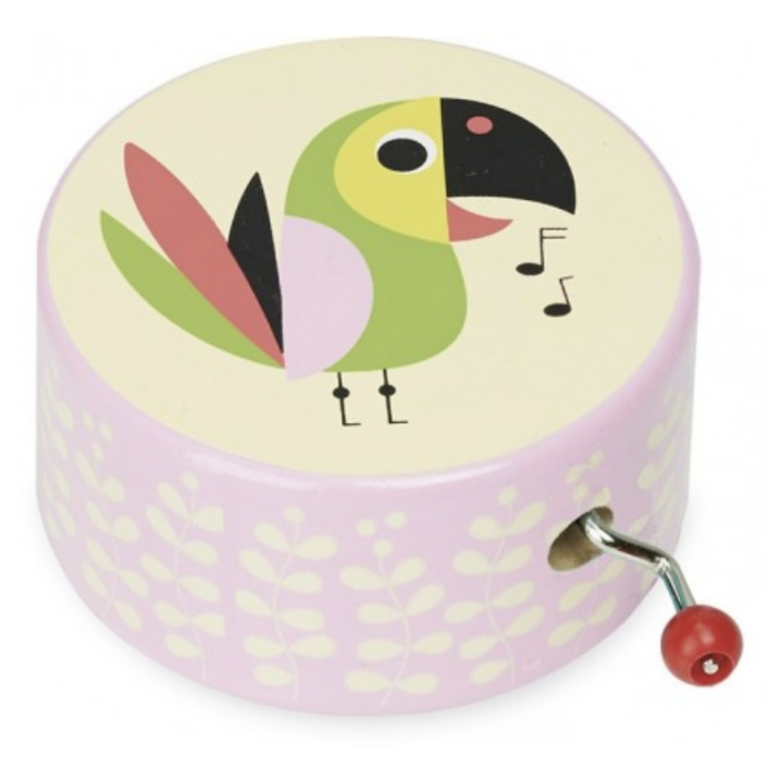 tropical bird singing on pink music box