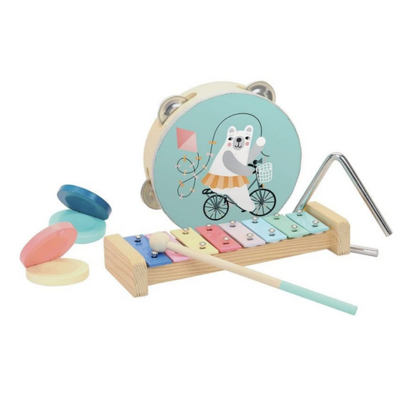 colorful mini xylophone, clackers, tambourine, and triangle
