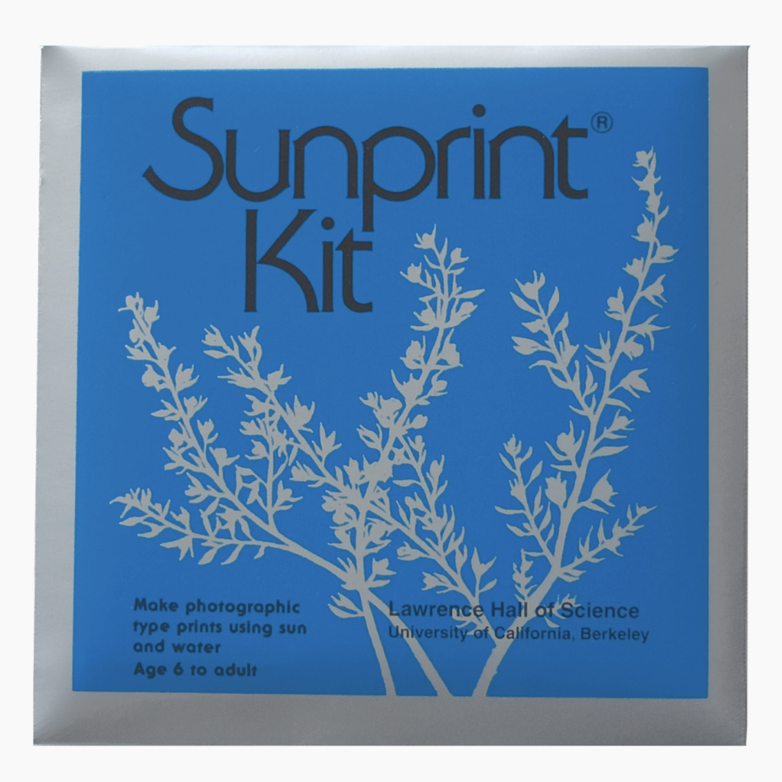 blue box of sunprint kit with grey flower print