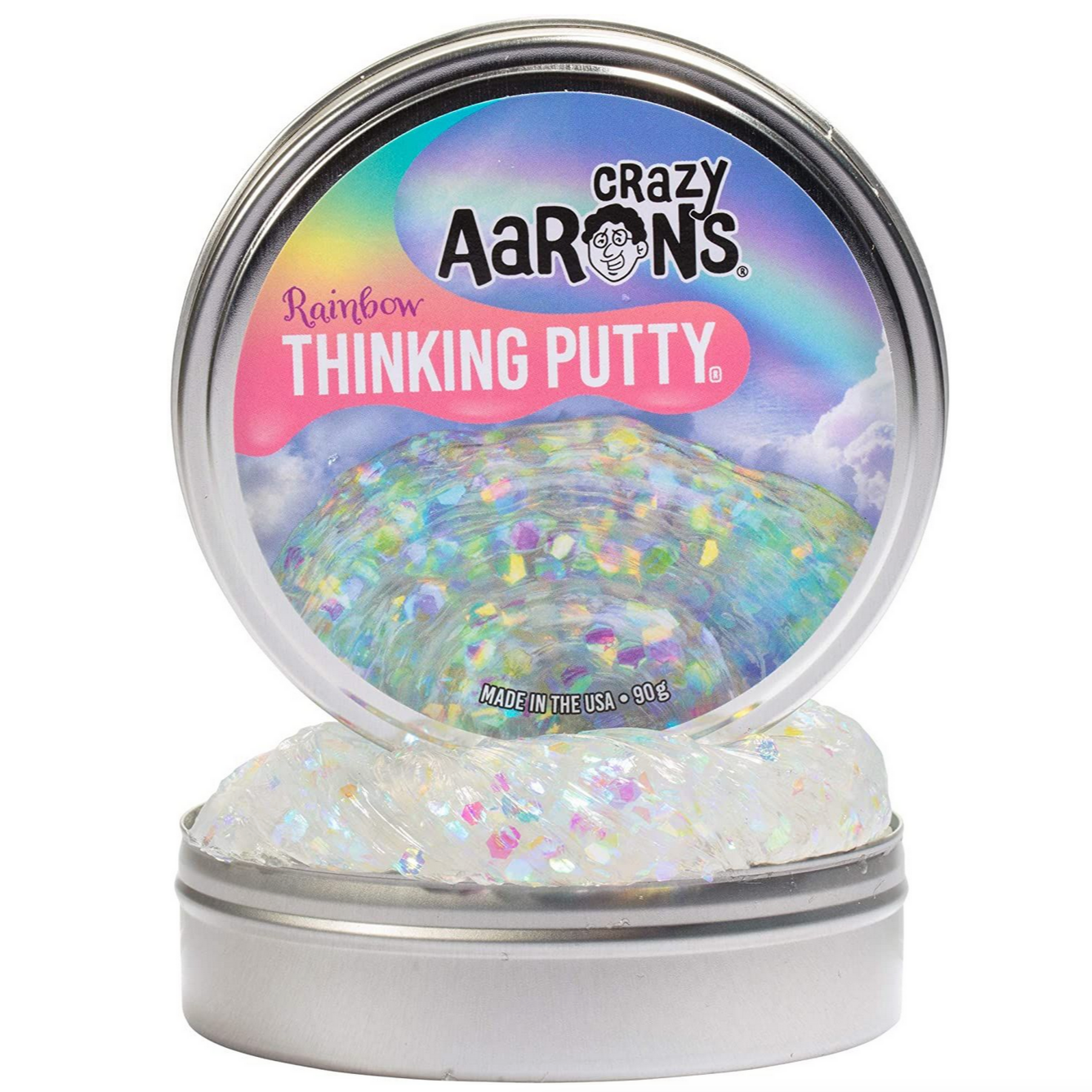 open putty tin with holographic clear putty inside