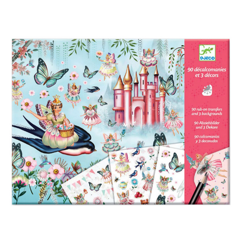 box showing fairy riding bird with pink castle in background