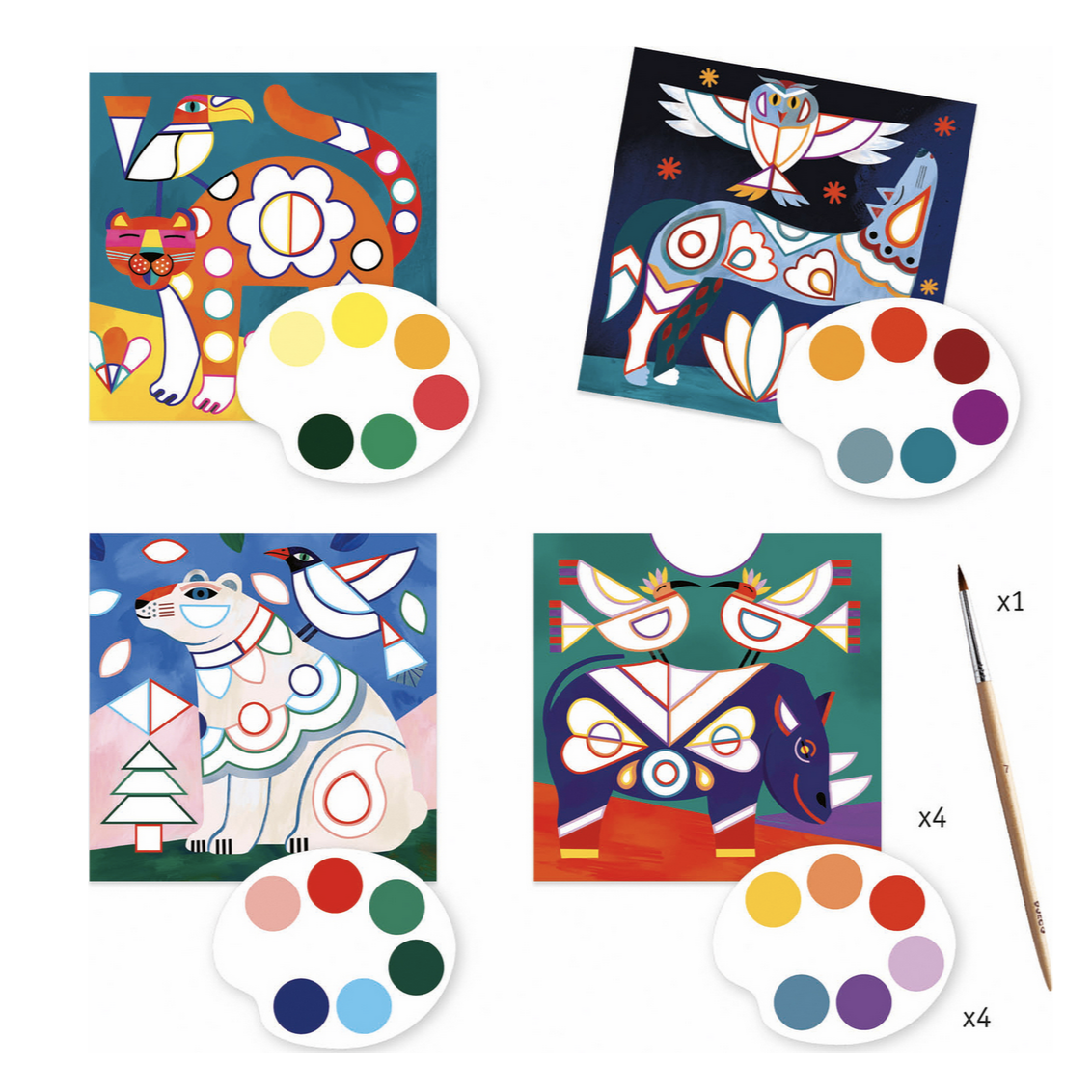 four panels that can be painted with paints and brush provided