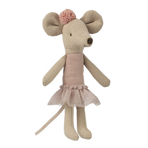 linen mouse with pink tutu and tutu with hair pompom