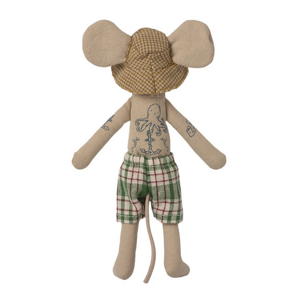 backside of tattooed Dad linen mouse in bathing suit and woven hat 