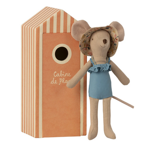 mom mouse in blue bathing suit and floral sun hat standing outside of dressing room box