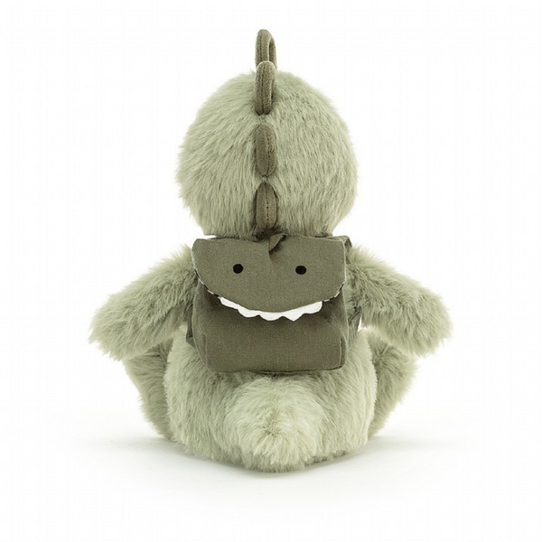 back view of jellycat dinosaur wearing backpack