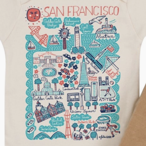 detail of cream onesie with blue and red map of san Francisco