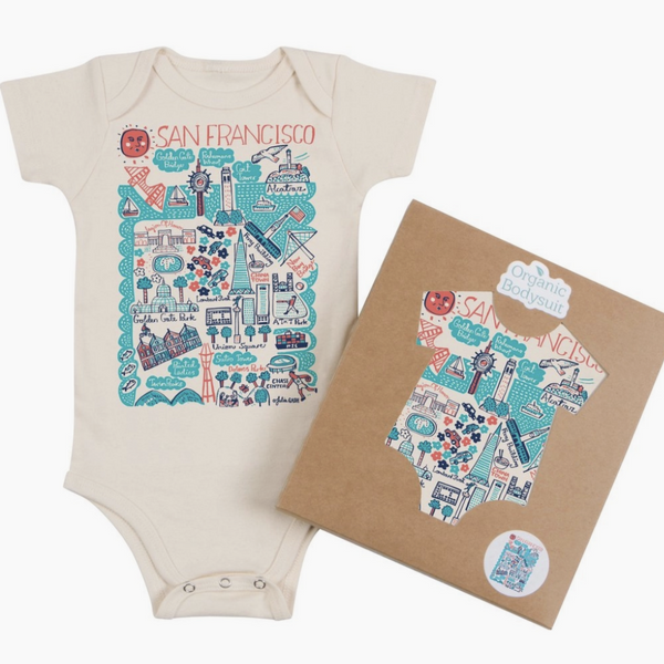 cream onesie with blue and red map of san Francisco