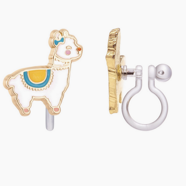 white llama wearing blue and yellow decorations clip on earrings
