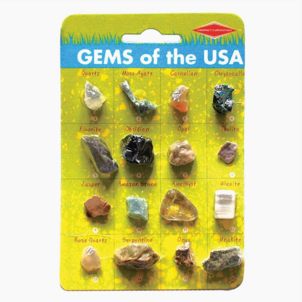 differnt gemstones sealed in packaging that lists each one