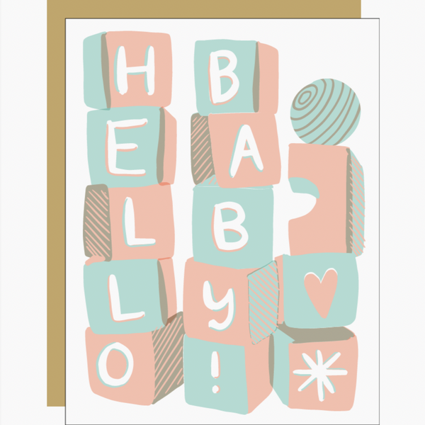 card with pink and blue blocks reading "hello baby!"