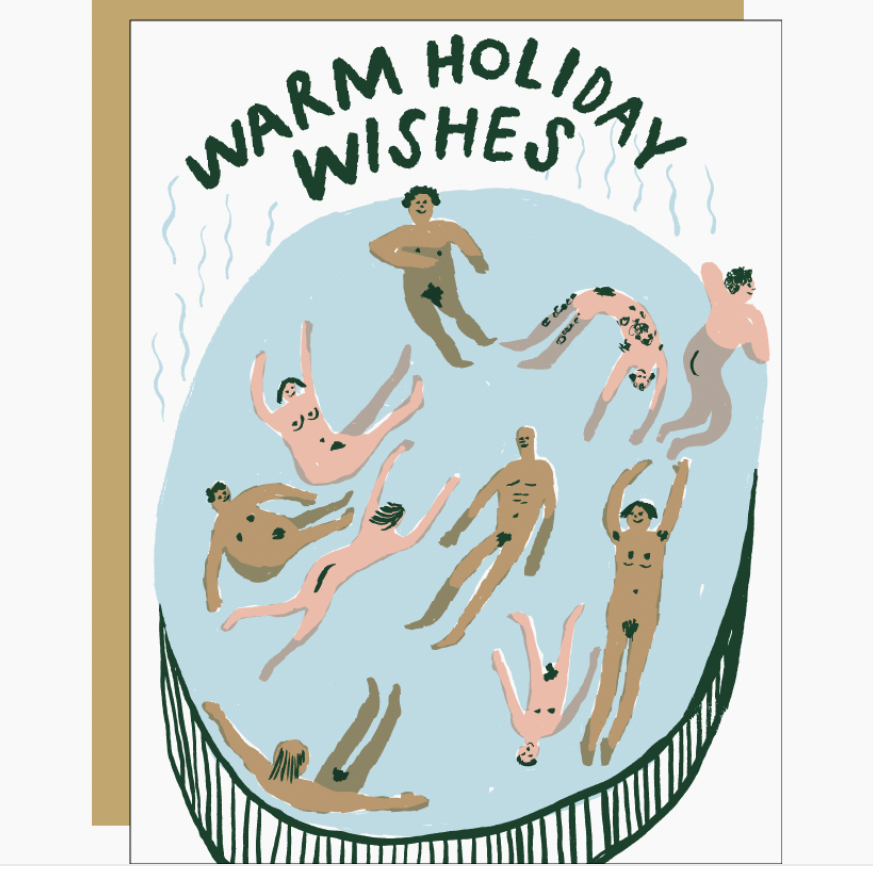 card with naked people swimming in hot tub and text that reads Warm Holiday Wishes