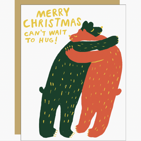 a red and green bear hugging card with "Merry Christmas can't wait to hug!" written on it