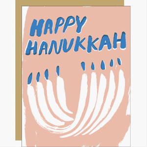 pink card with menorah that reads "Happy Hanukka"