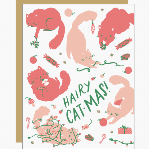 card with pink cats playing with christmas lights and decoration and words "Hairy Cat-mus!"