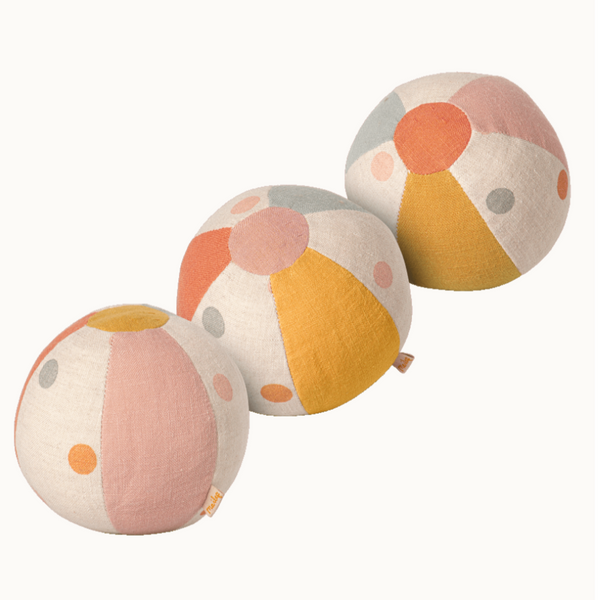 maileg three soft balls with pastel stripes and polka dots