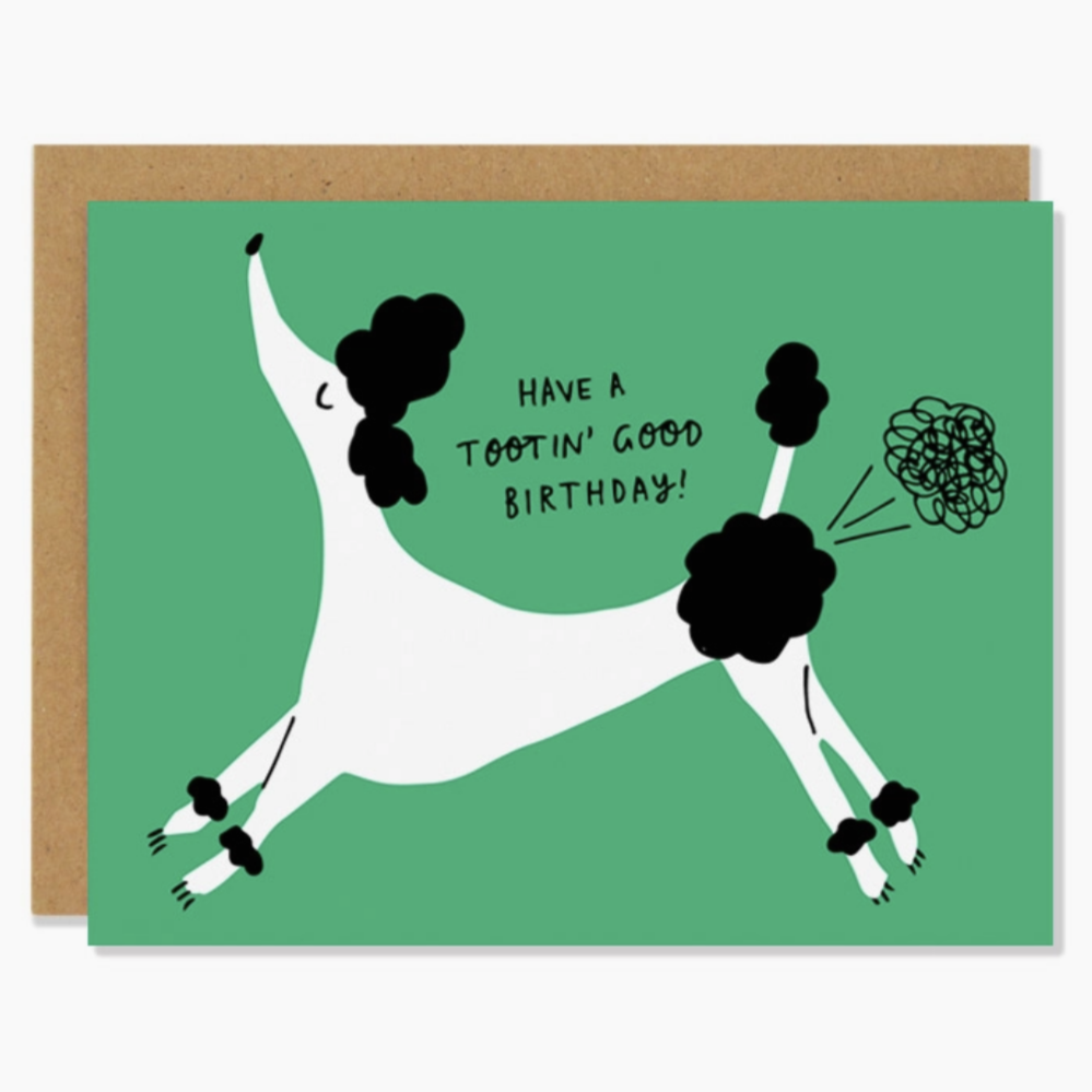 green card with poodle farting. text reads "Have a tootn' good birthday!"
