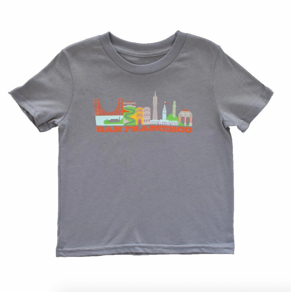 dark grey shirt with iconic San Francisco icons and words that say San Francisco written below pictures